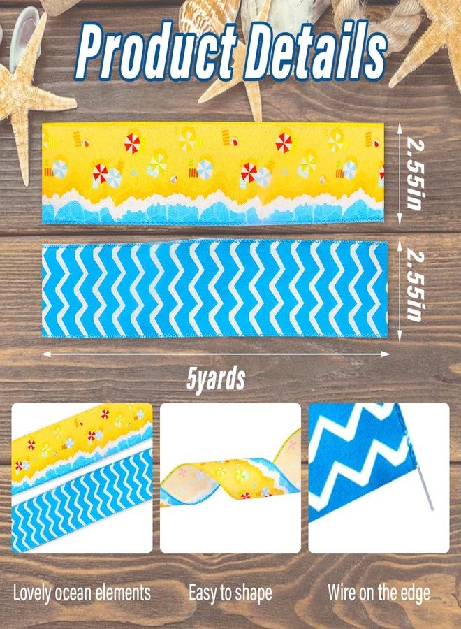 ABTOLS 2 Roll 10 Yards Blue Stripe Ribbons 2.5", Sand Beach Ocean Wired Edge Burlap Ribbon Summer Yellow Blue Wave Ribbon for Farmhouse Decor Gift Wrapping DIY Crafts Wreaths Bow - Image 2